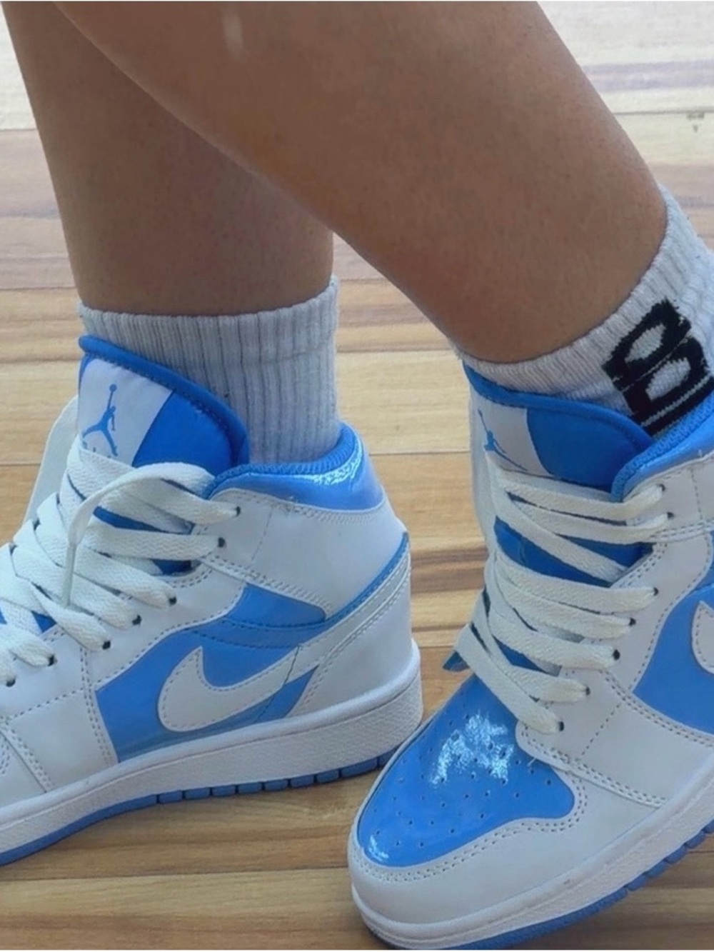 Jordan White and Bright Blue Retro High-Top Sneakers